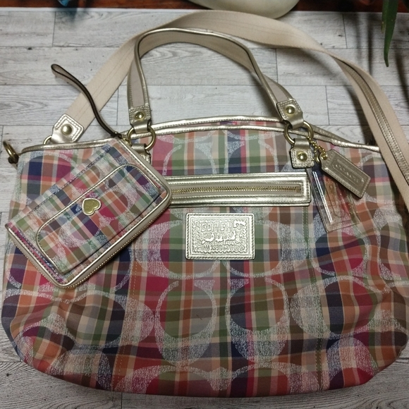 New Coach Poppy ‘Madras’ Plaid Signature C Canvas Tote & Billfold Set WoW!!!! - Picture 1 of 14